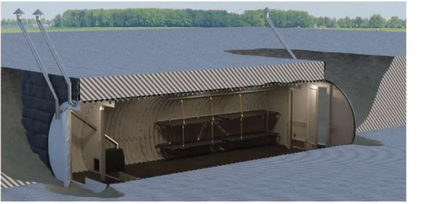 Cutaway of a mounded steel shelter
